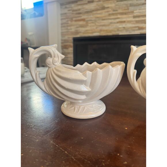 McCoy Pottery White Shell Planter Pair Vintage Ceramic Pedestal Bowls Set - Picture 3 of 16